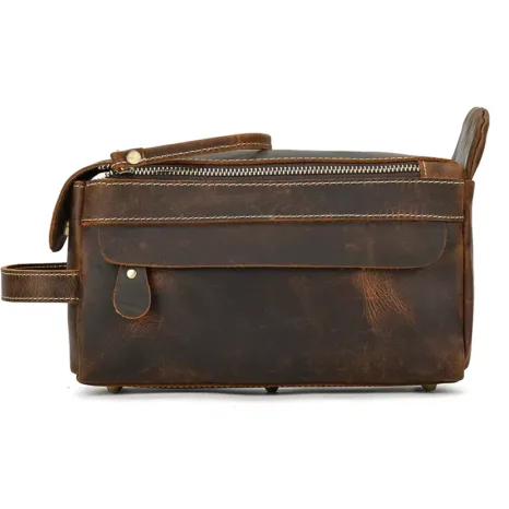Genuine Leather Cowhide Handbag Toiletry Bag Brown Man Woman Wash Storage Bags