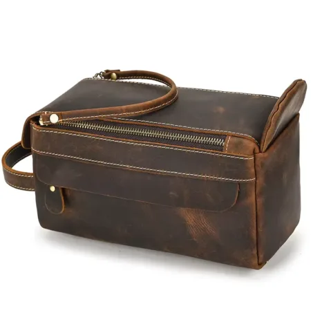 Genuine Leather Cowhide Handbag Toiletry Bag Brown Man Woman Wash Storage Bags