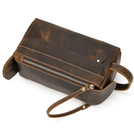 Genuine Leather Cowhide Handbag Toiletry Bag Brown Man Woman Wash Storage Bags