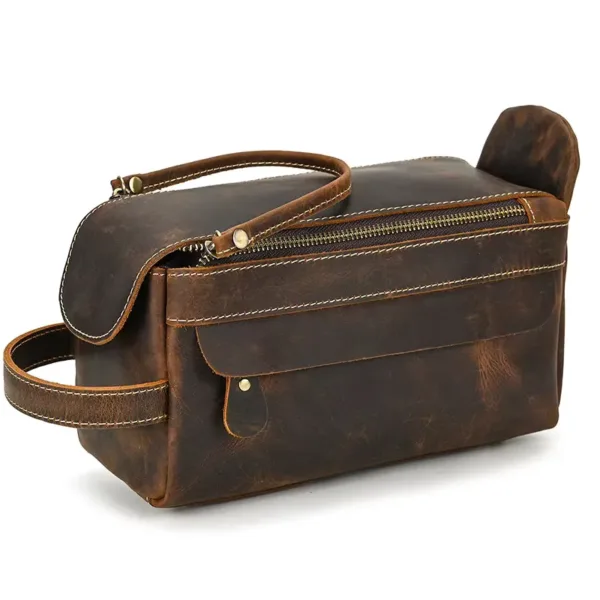 Genuine Leather Cowhide Handbag Toiletry Bag Brown Man Woman Wash Storage Bags